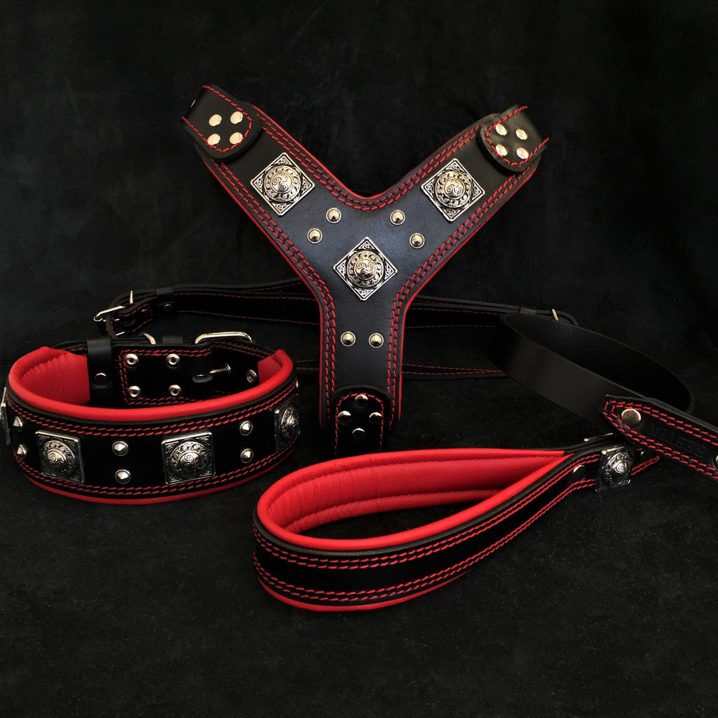 "EROS" BIG dog SET - Harness - collar - lead. Black & Red